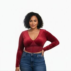 Promesa Burgundy Long Sleeve Crop Top - Ruched Detail V-Neck Size L New